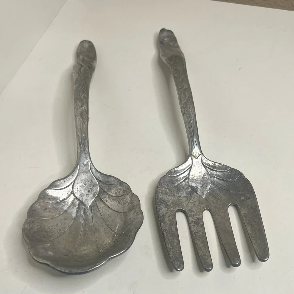 Vintage | Decorative Pewter Salad Servers Set